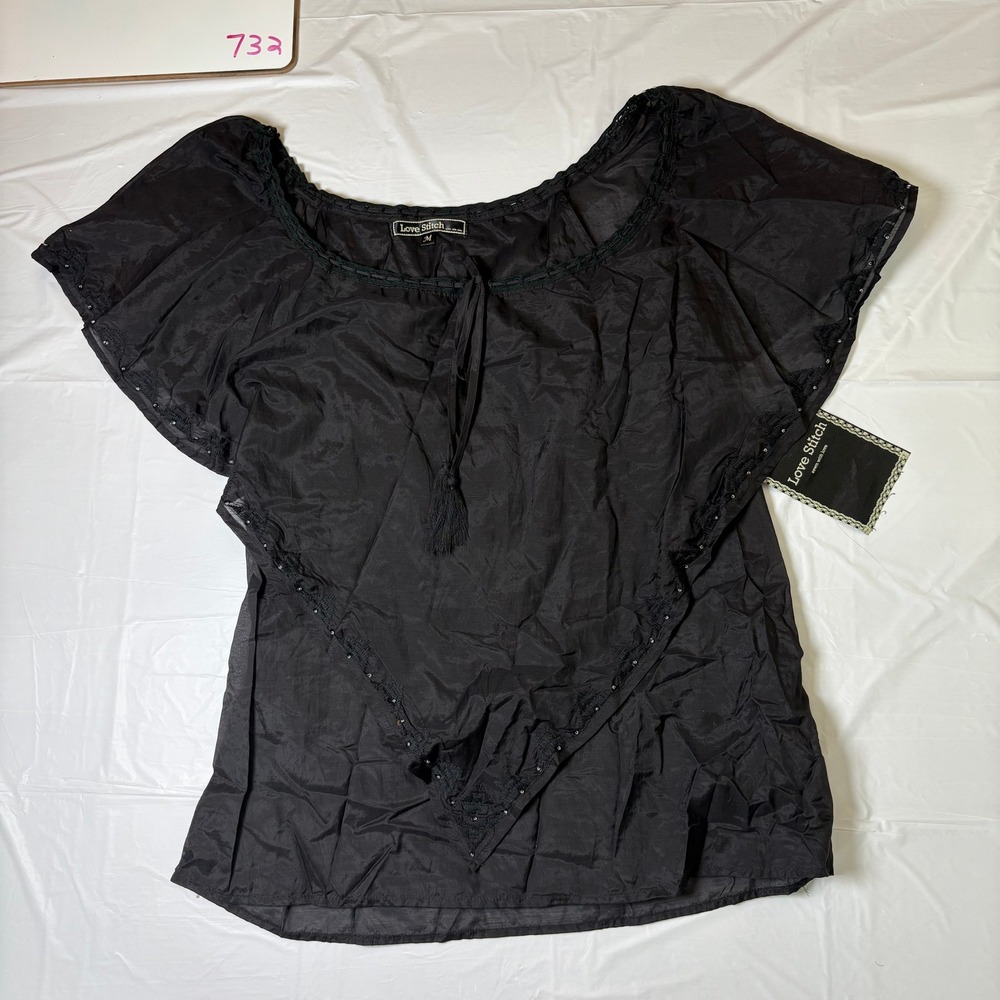 Love Stitch Womens Black Cotton‎ Silk Blend Boho Flutter Sleeve Blouse Medium